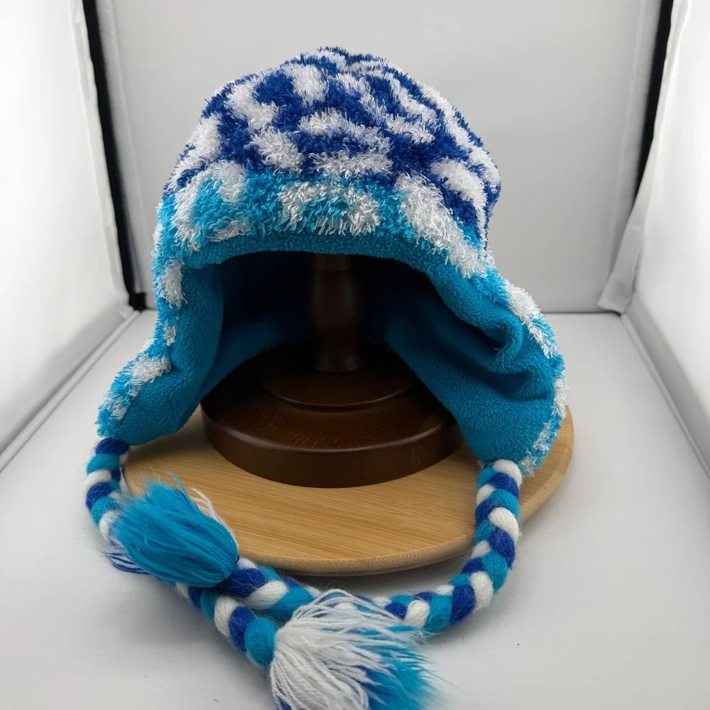 Justice Girls Blue Leopard Print Fuzzy Popcorn Knit Trapper Hat Fleece Lined OS